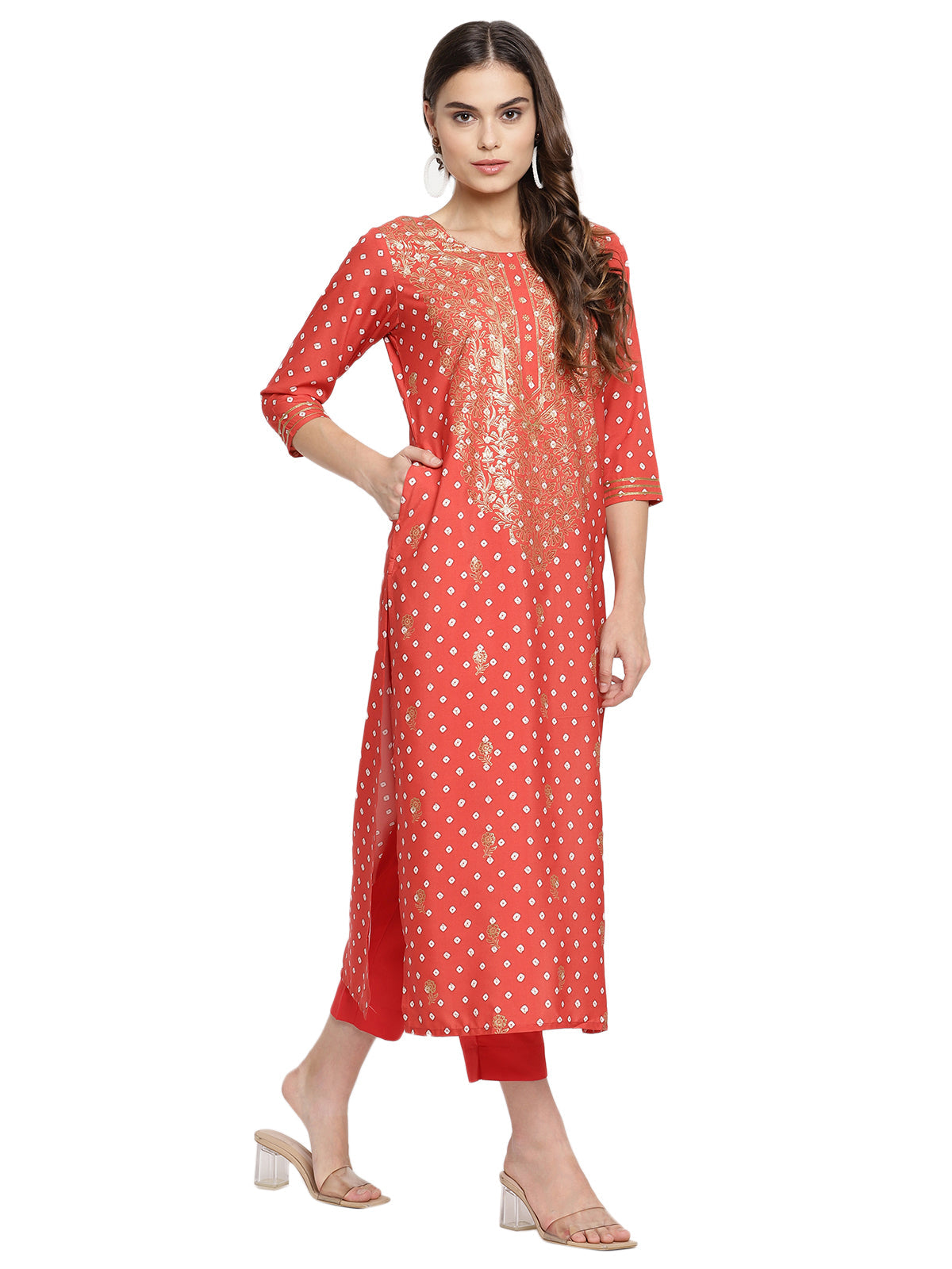 Women's Red Crepe Bandhani Gold Printed Kurta Pant With Dupatta