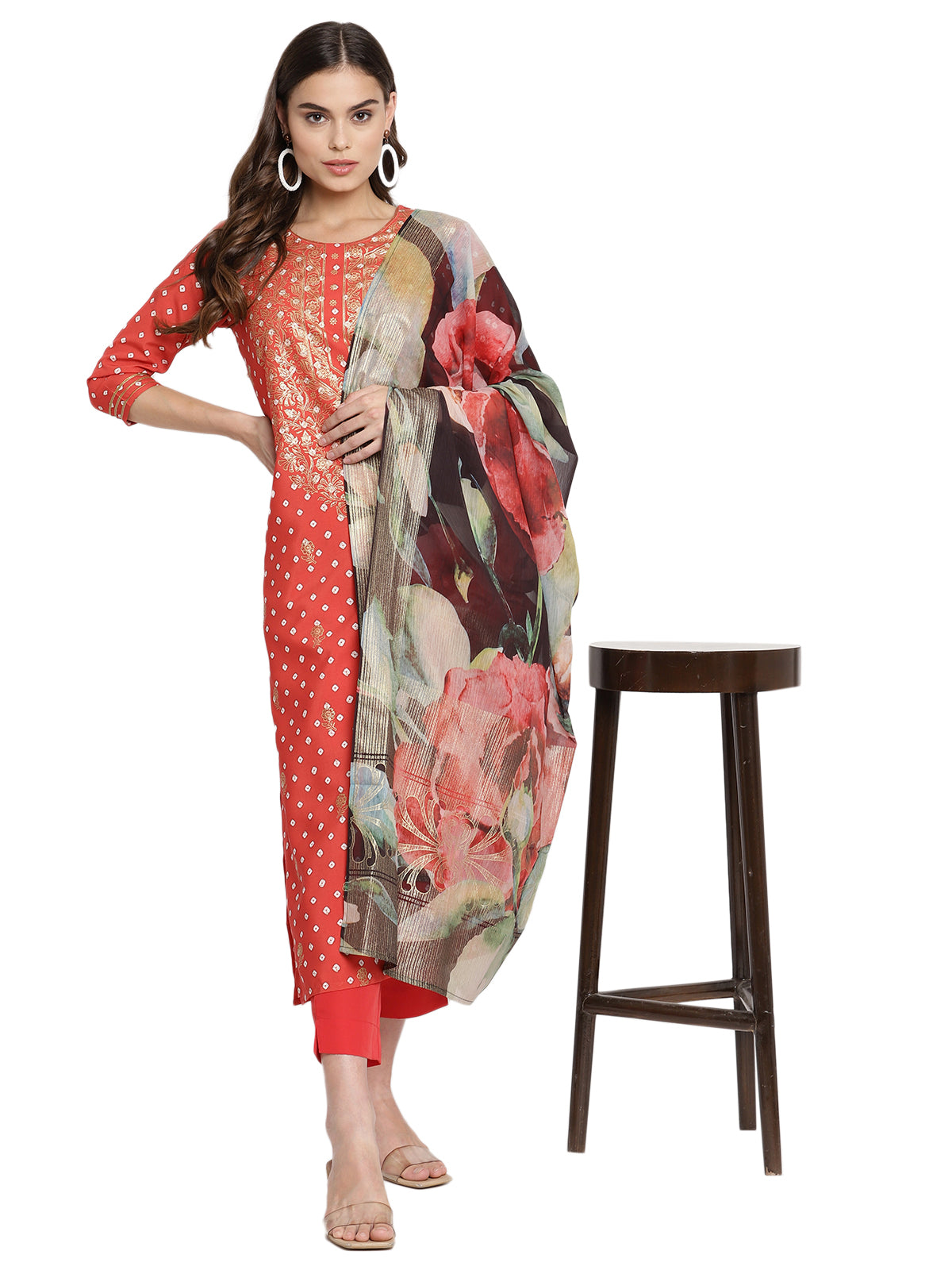 Women's Red Crepe Bandhani Gold Printed Kurta Pant With Dupatta