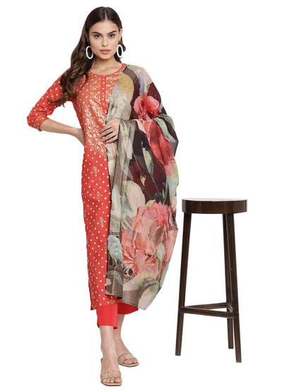 Women's Red Crepe Bandhani Gold Printed Kurta Pant With Dupatta