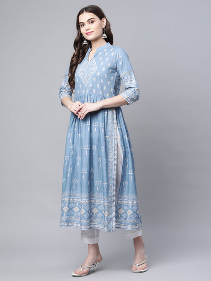 Women's Pastel Blue Printed Kurta Pant Set With Dupatta