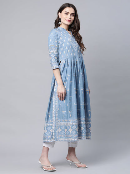 Women's Pastel Blue Printed Kurta Pant Set With Dupatta
