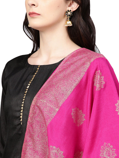 Women's Black With Bright Pink Kurta Set