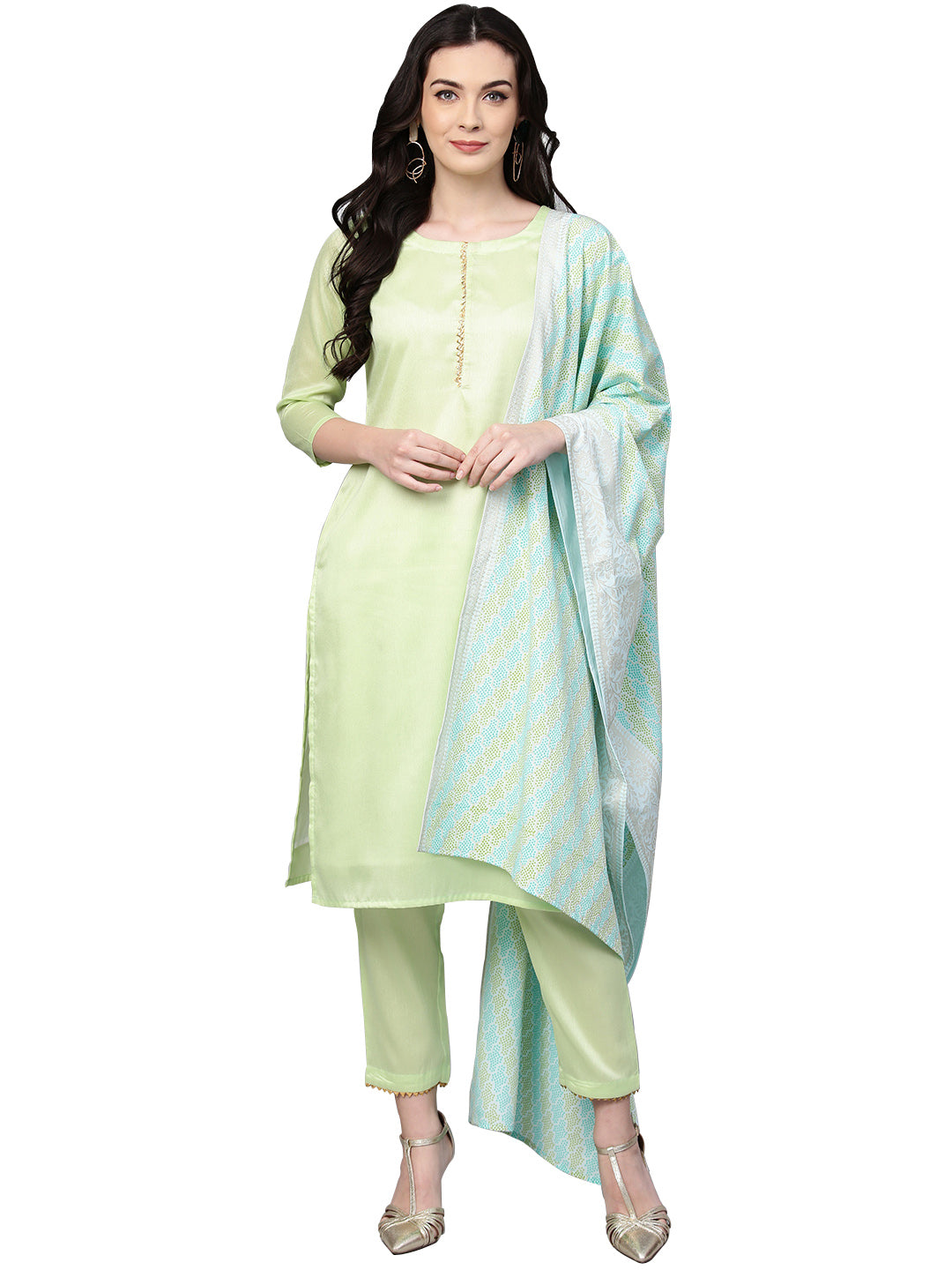 Women's Sea Green Cotton Blend Solid Kurta Trouser Set With Dupatt
