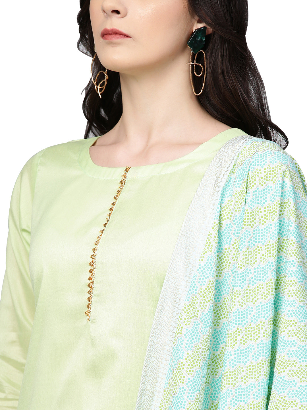 Women's Sea Green Cotton Blend Solid Kurta Trouser Set With Dupatt