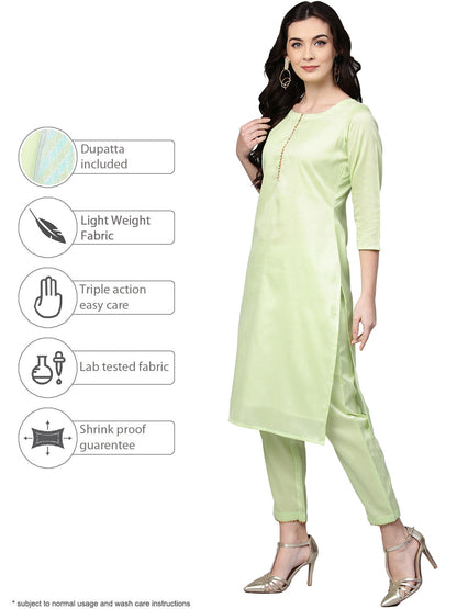 Women's Sea Green Cotton Blend Solid Kurta Trouser Set With Dupatt
