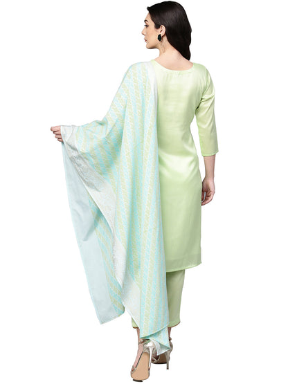Women's Sea Green Cotton Blend Solid Kurta Trouser Set With Dupatt
