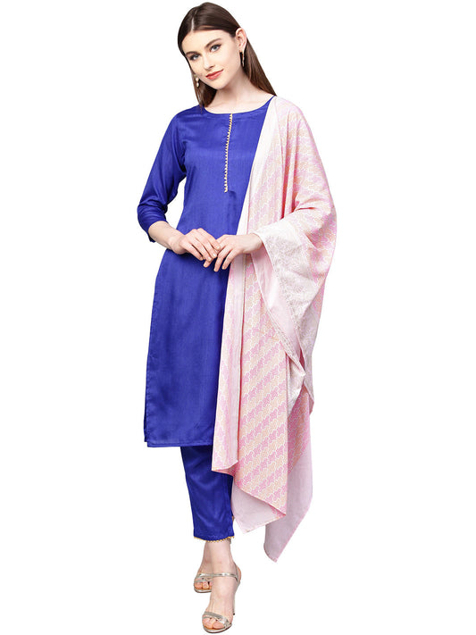 Women's Royal Blue Poly Silk Solid Salwar Suit With Dupatt
