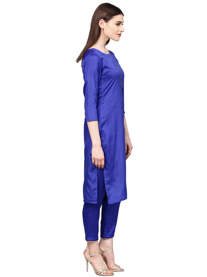 Women's Royal Blue Poly Silk Solid Salwar Suit With Dupatt