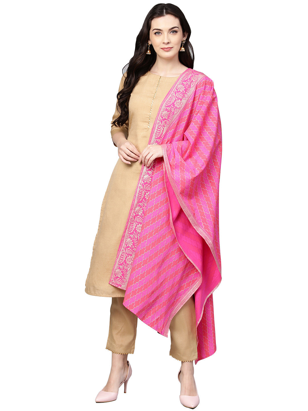Women's Faux Silk Kurta Pant Set With Traditional Bandhini Print Dupatt