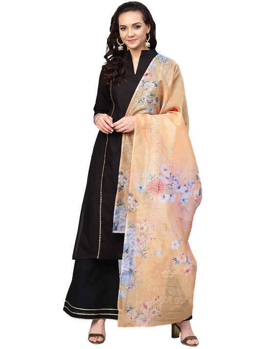 Women's Black Cotton Solid Kurta Palazzo Set With Printed Dupatta