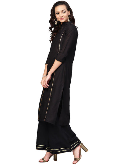 Women's Black Cotton Solid Kurta Palazzo Set With Printed Dupatta