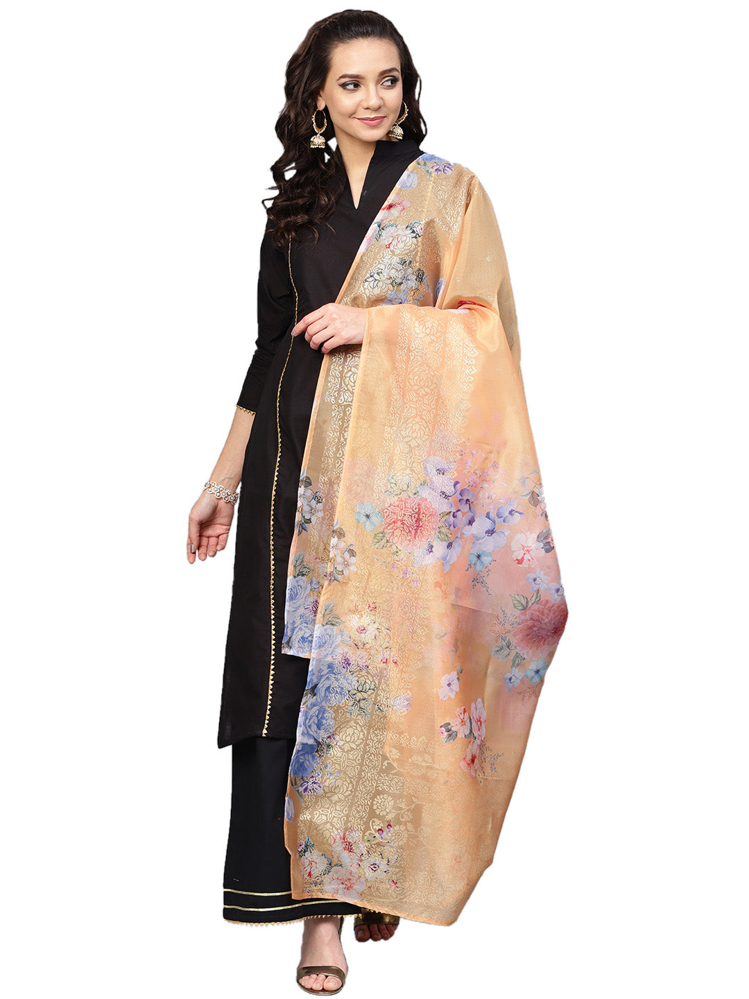 Women's Black Cotton Solid Kurta Palazzo Set With Printed Dupatta