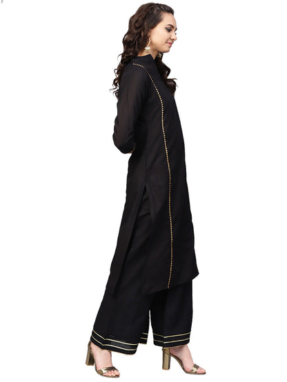Women's Black Cotton Solid Kurta Palazzo Set With Printed Dupatta