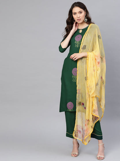Women's Green Printed Straight Rayon Kurta Set