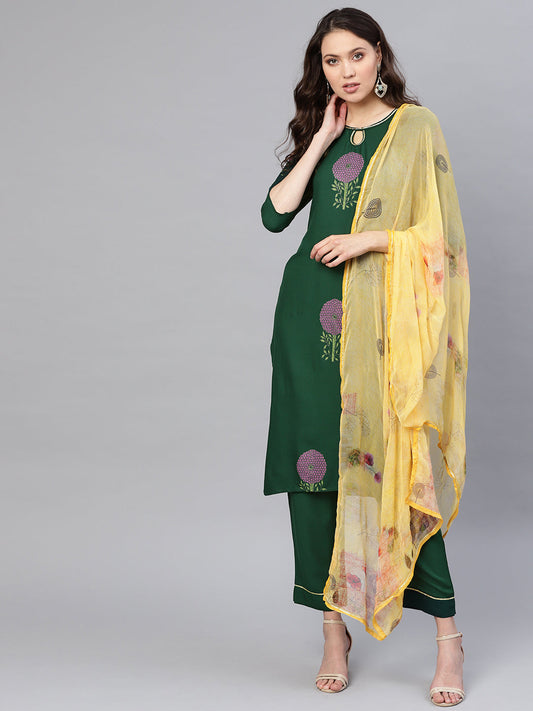 Women's Green Printed Straight Rayon Kurta Set