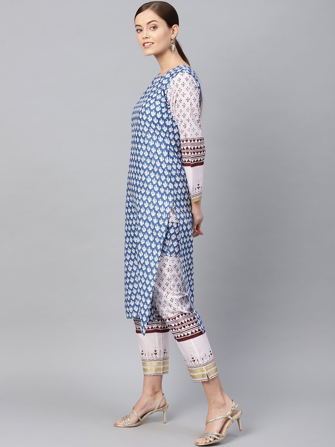 Women's White And Blue Cotton Straight Printed Kurta Sets