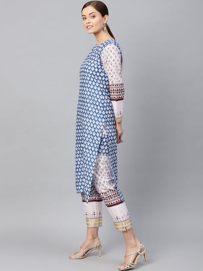 Women's White And Blue Cotton Straight Printed Kurta Sets