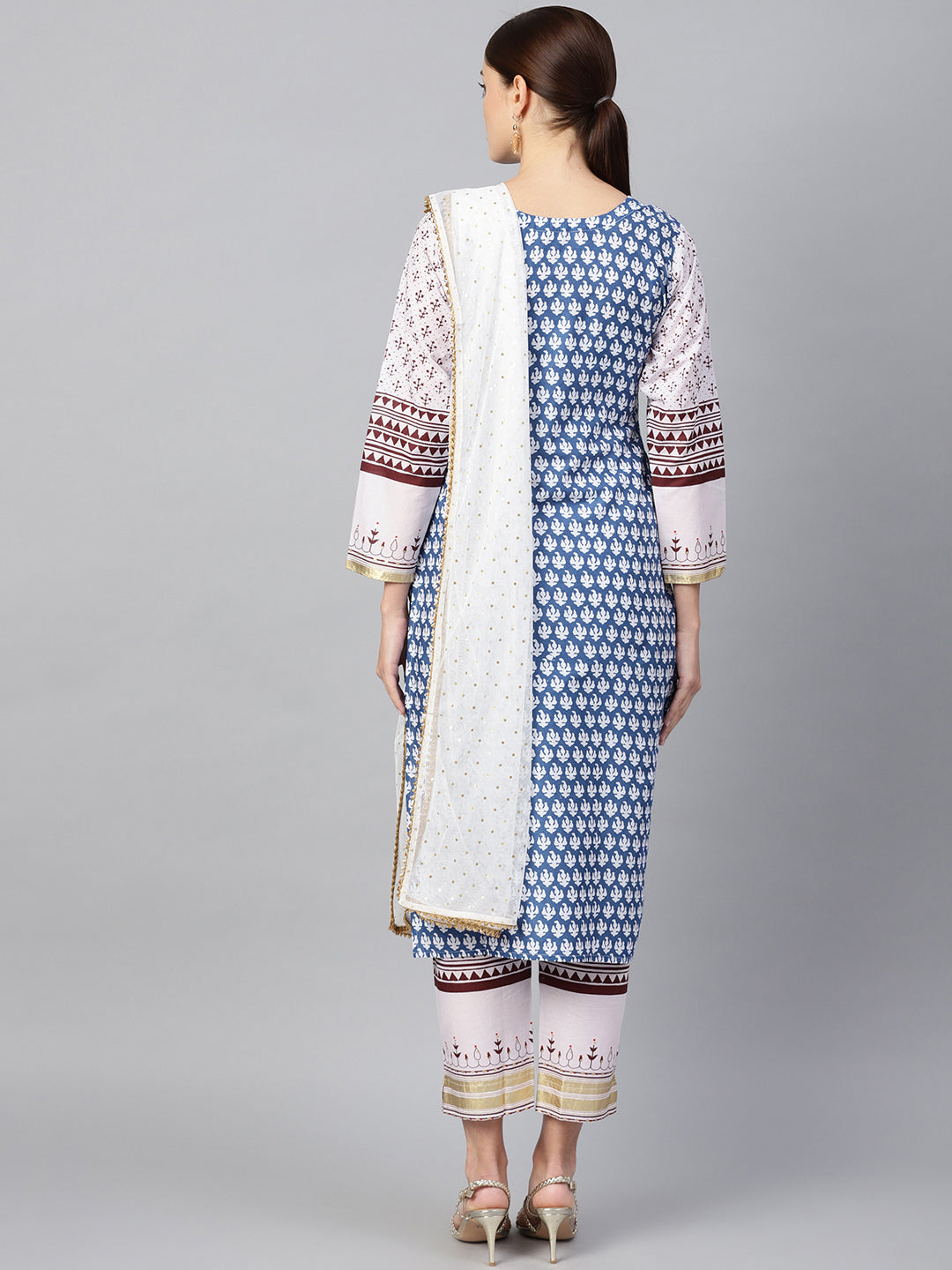 Women's White And Blue Cotton Straight Printed Kurta Sets