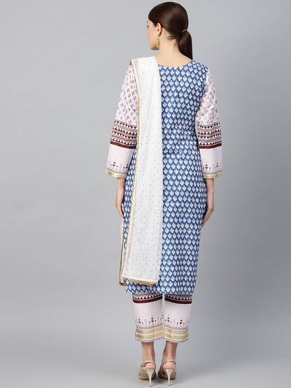 Women's White And Blue Cotton Straight Printed Kurta Sets