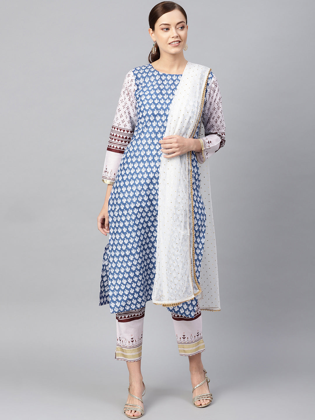 Women's White And Blue Cotton Straight Printed Kurta Sets