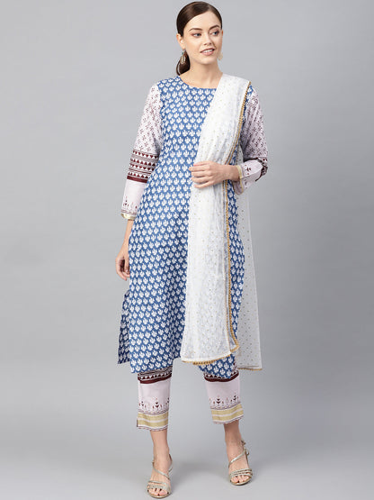 Women's White And Blue Cotton Straight Printed Kurta Sets