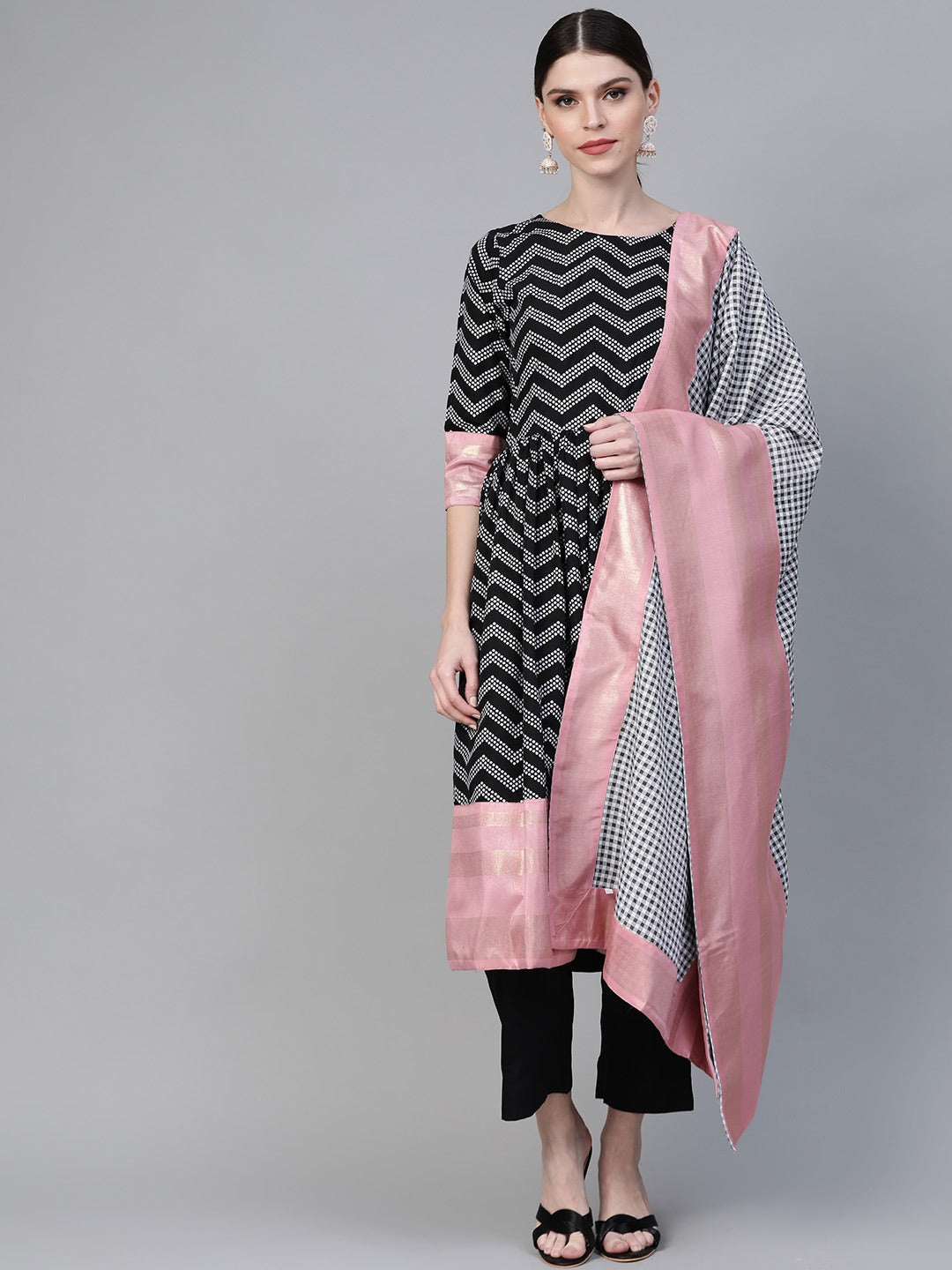 Women's  Black & White Polka Dots Chevron Khari Printed Kurta With Trousers & Dupatta