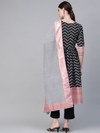 Women's  Black & White Polka Dots Chevron Khari Printed Kurta With Trousers & Dupatta