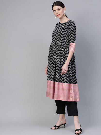 Women's  Black & White Polka Dots Chevron Khari Printed Kurta With Trousers & Dupatta