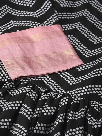 Women's  Black & White Polka Dots Chevron Khari Printed Kurta With Trousers & Dupatta