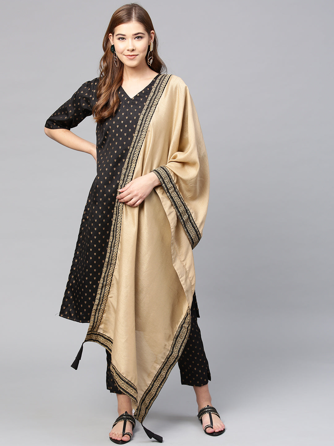 Women's Black Poly Silk Printed Kurta Pant With Dupatt