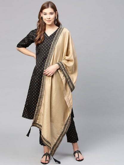 Women's Black Poly Silk Printed Kurta Pant With Dupatt