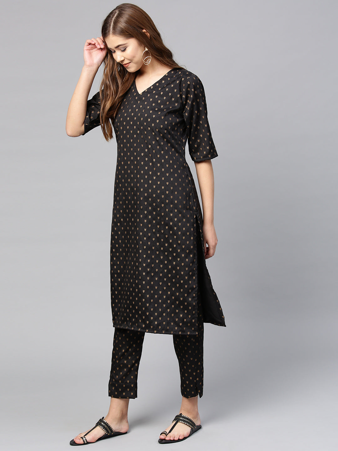 Women's Black Poly Silk Printed Kurta Pant With Dupatt
