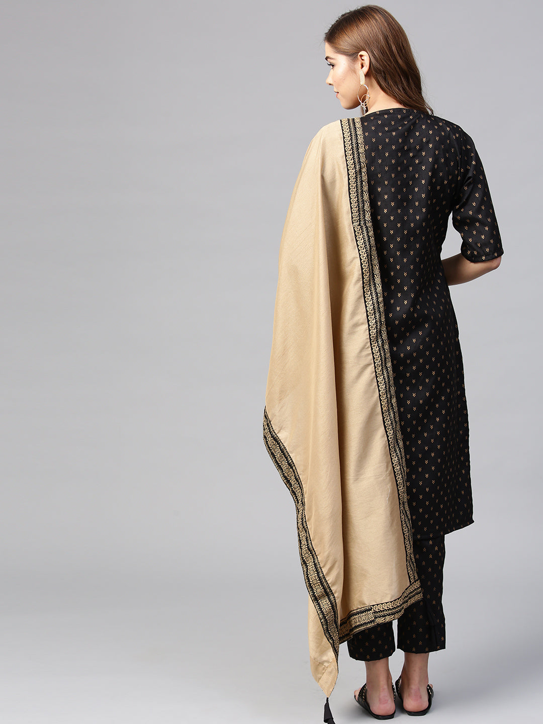 Women's Black Poly Silk Printed Kurta Pant With Dupatt