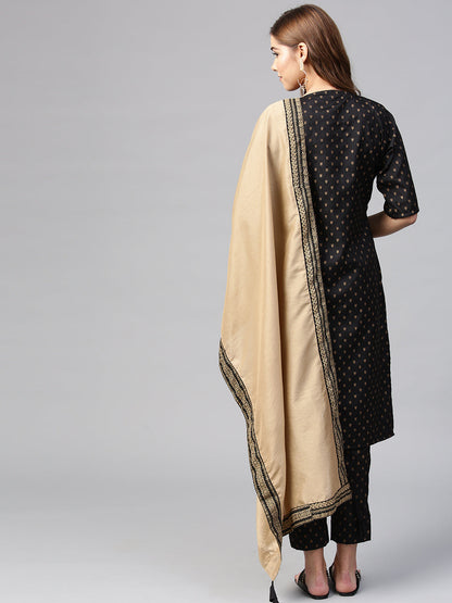 Women's Black Poly Silk Printed Kurta Pant With Dupatt