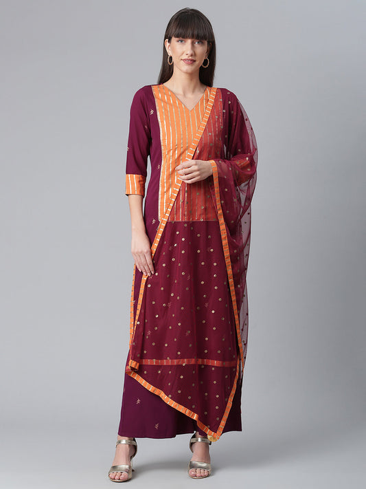 Women's Crepe Wine Kurta With Pant And Dupatta