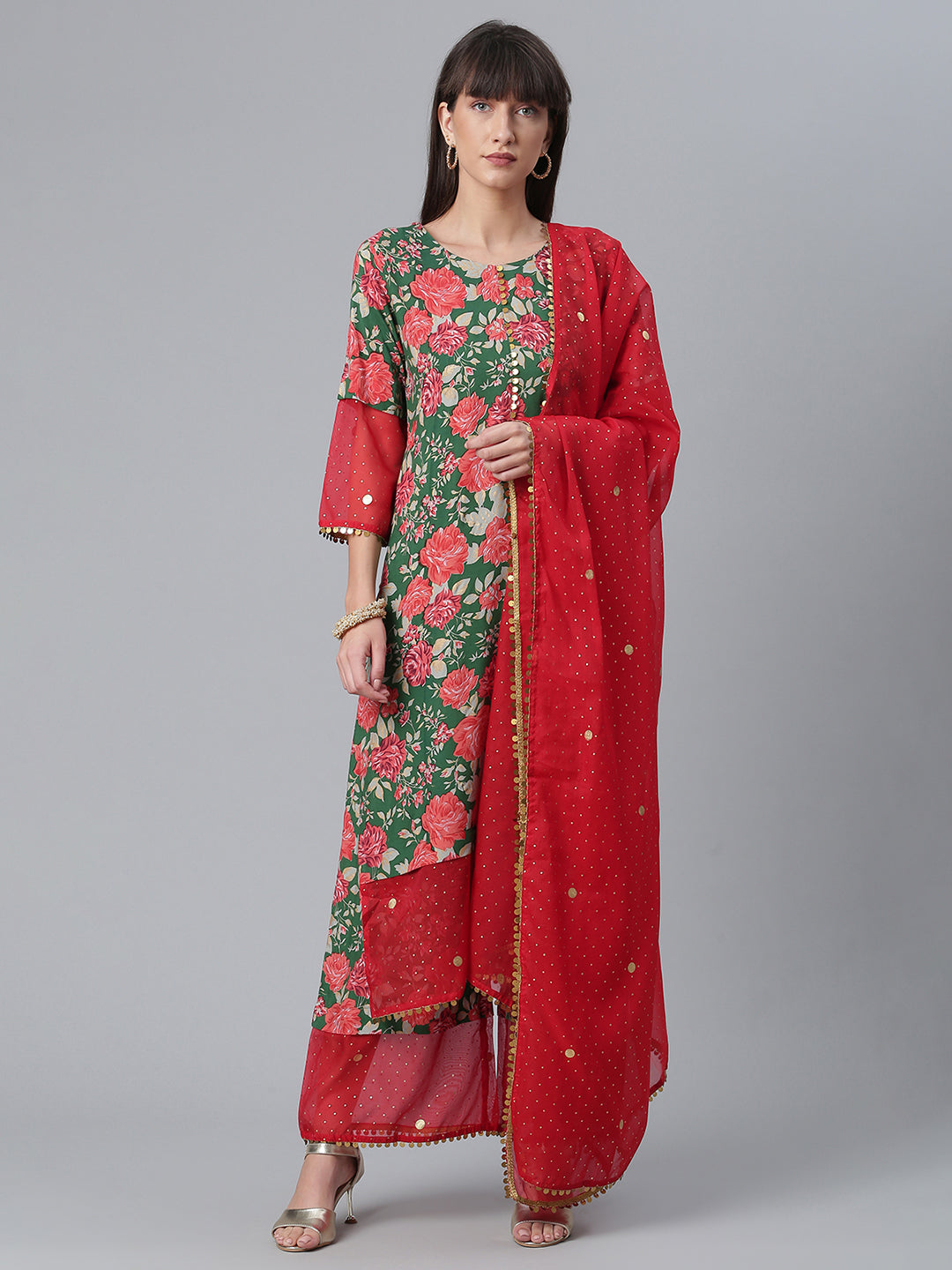 Women's  Dark Green Rayon Printed Kurta Palazzo Set With Dupatt