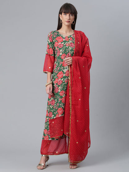 Women's  Dark Green Rayon Printed Kurta Palazzo Set With Dupatt