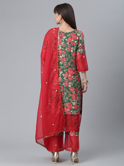 Women's  Dark Green Rayon Printed Kurta Palazzo Set With Dupatt