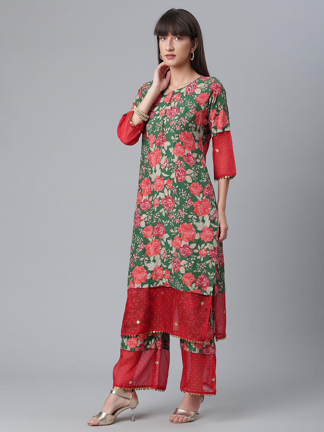 Women's  Dark Green Rayon Printed Kurta Palazzo Set With Dupatt