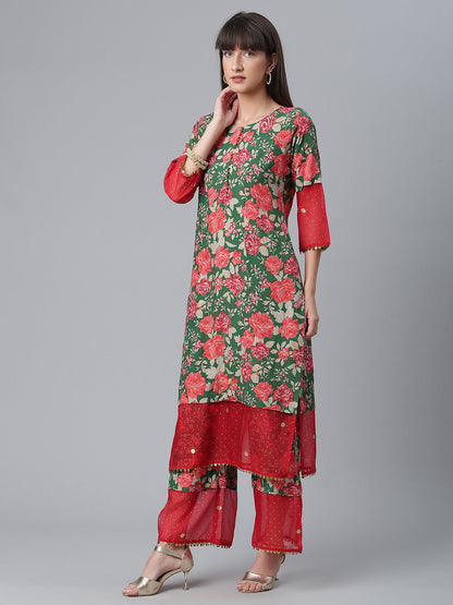 Women's  Dark Green Rayon Printed Kurta Palazzo Set With Dupatt