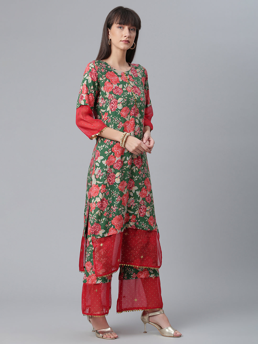 Women's  Dark Green Rayon Printed Kurta Palazzo Set With Dupatt
