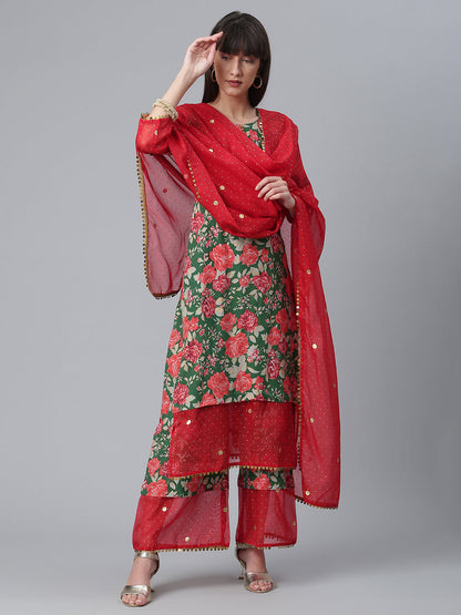 Women's  Dark Green Rayon Printed Kurta Palazzo Set With Dupatt