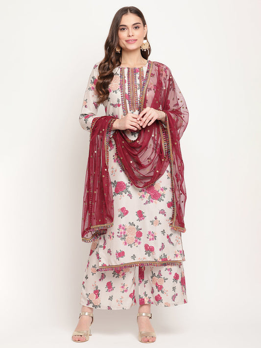 Women's Beige Floral Printed Regular Gotta Patti Kurta With Palazzos & With Dupatt