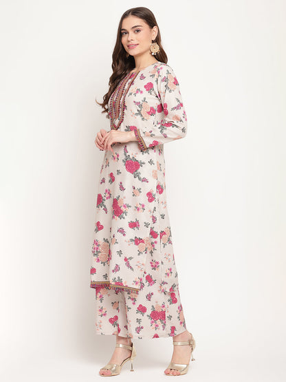 Women's Beige Floral Printed Regular Gotta Patti Kurta With Palazzos & With Dupatt