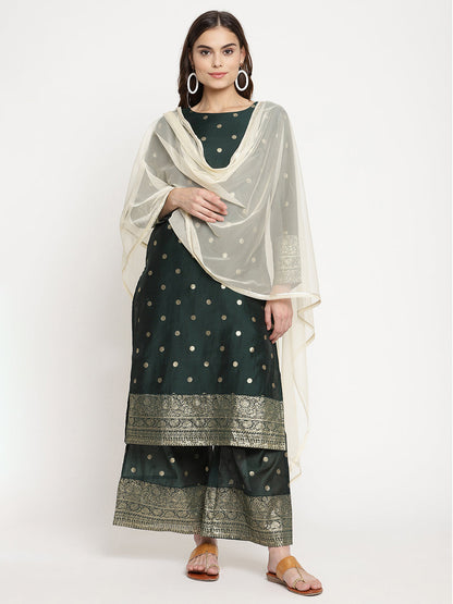 Women's Dark Green Gold Print Kurta Palazzo Set With Dupatt