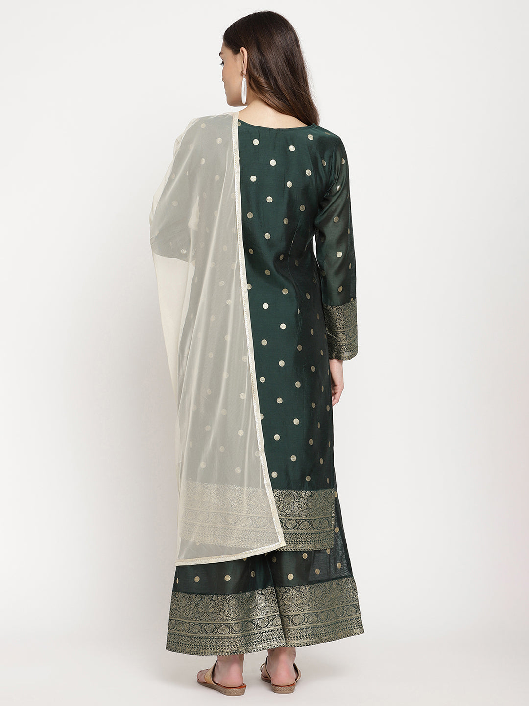Women's Dark Green Gold Print Kurta Palazzo Set With Dupatt