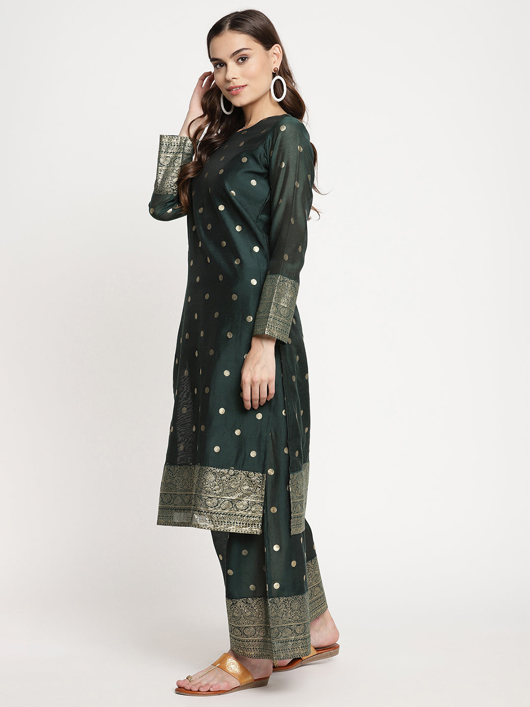 Women's Dark Green Gold Print Kurta Palazzo Set With Dupatt