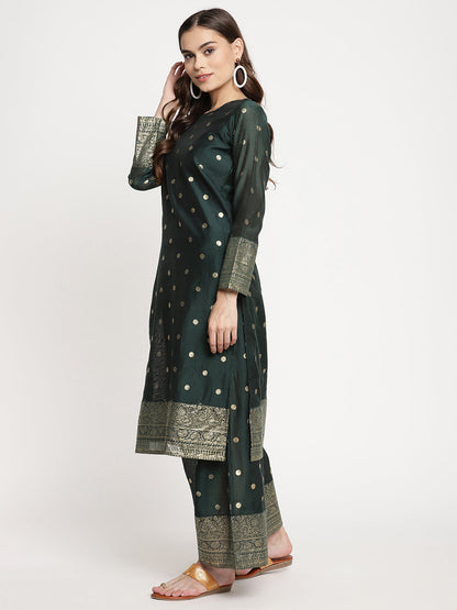 Women's Dark Green Gold Print Kurta Palazzo Set With Dupatt