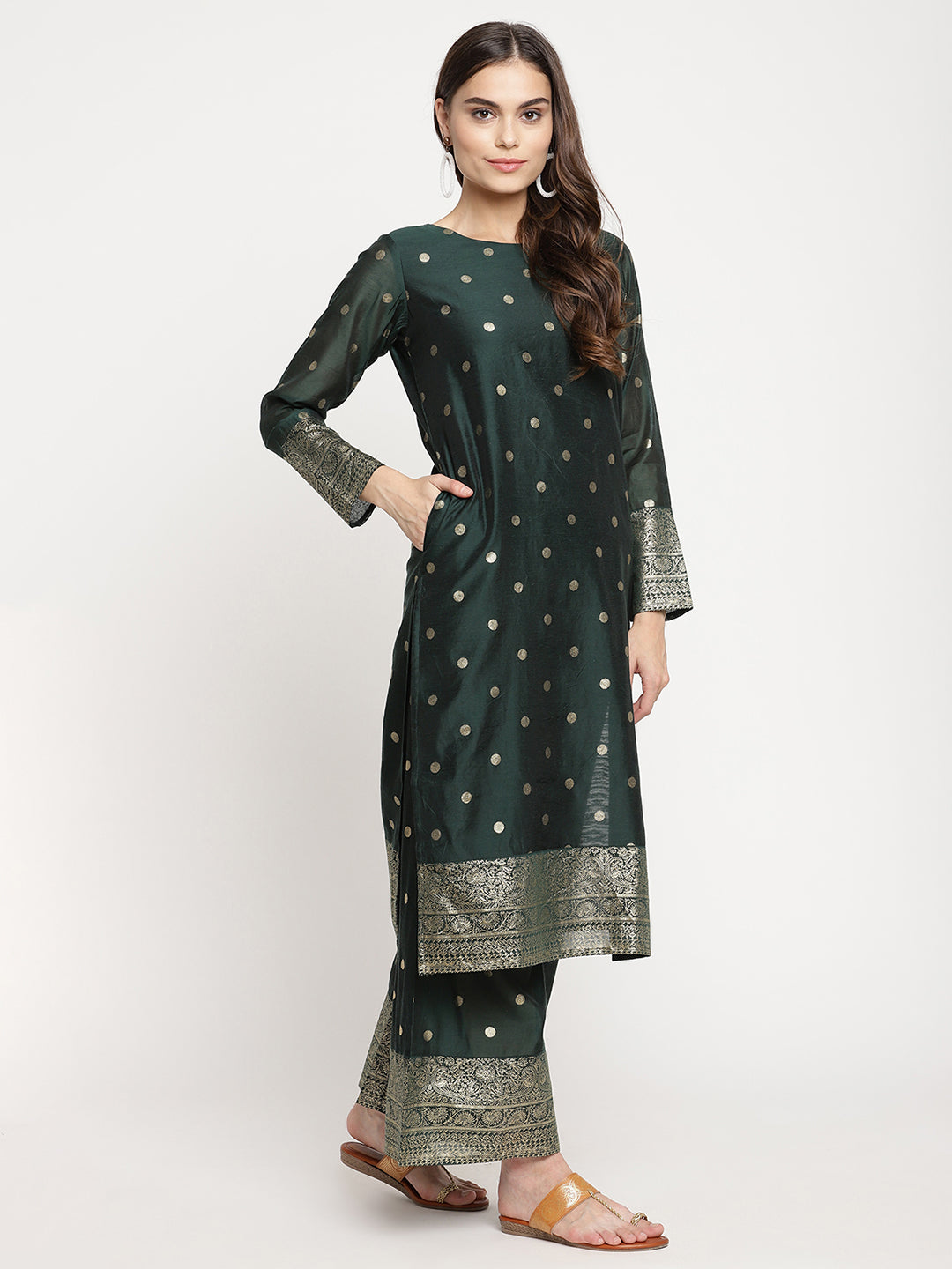 Women's Dark Green Gold Print Kurta Palazzo Set With Dupatt