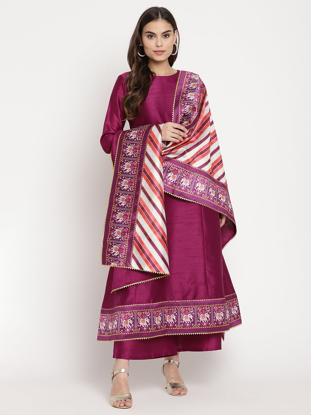 Women's Purple Poly Silk Solid Kurta Palazzo Set With Dupatt